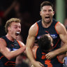 Toby Greene celebrates his last-minute match-winning goal against the Swans at the SCG in round