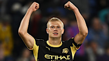 Erling Haaland of Manchester City celebrates scoring his team’s fourth goal.