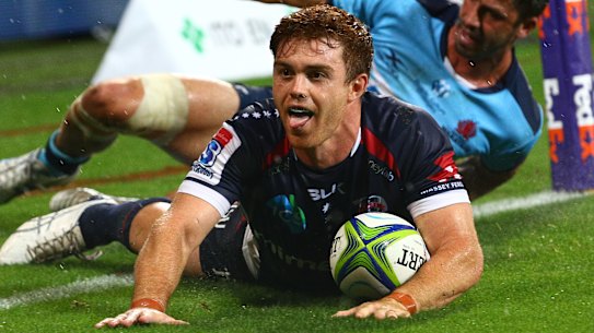 Andrew Kellaway scores a try for the Rebels.