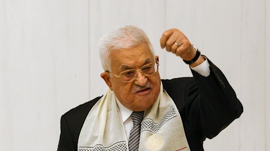 ANKARA, TURKEY - AUGUST 15: Palestinian Authority President Mahmoud Abbas addresses the Turkish parliament during an extraordinary session on August 15, 2024 in Ankara, Turkey. Mahmoud Abbas, who heads the Fatah Palestinian movement, a rival to Hamas, and internationally recognized Palestinian Authority and seeks a two-state solution with Israel. Turkey has not cut diplomatic ties with Israel, although they have been scaled back and Turkey has announced the suspension of trade, and wants to play a role as a guarantor in ending the Gaza war. (Photo by Serdar Ozsoy/Getty Images)