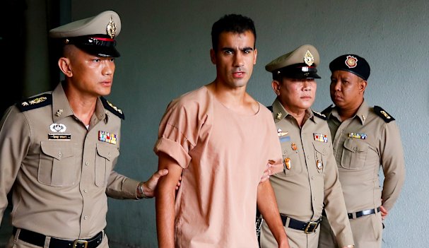Thai prison officers escort Hakeem al-Araibi following an extradition hearing in Bangkok Criminal Court in February this year. A week later, he was released and flew back to Melbourne.
