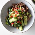 Sticky ginger beef bowls with smashed cucumber salad.