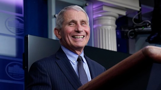 Dr Anthony Fauci laughs while speaking in the James Brady Press Briefing Room at the White House on Joe Biden’s first full day in office.
