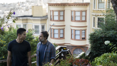 Charlie Barnett (Ben) and Murray Bartlett (Michael) on the Barbary Lane steps in a series where the city is a key character.