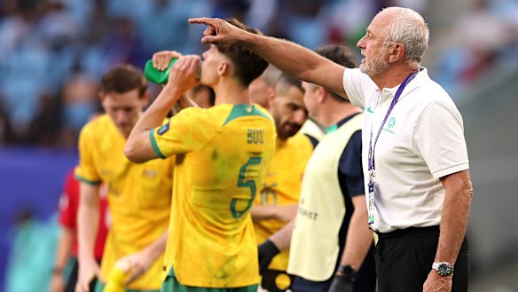 Graham Arnold on the sidelines during Australia’s clash with Uzbekistan.