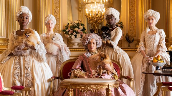 Golda Rosheuvel (centre) as Queen Charlotte in <i>Bridgerton<i>. 