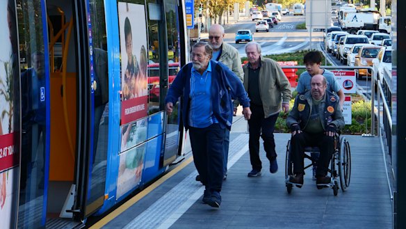Australian comedy: Jack Thompson with (from left) James Cromwell, Dennis Waterman, Roy Billing and (behind) Zachary Wan in Never Too Late.