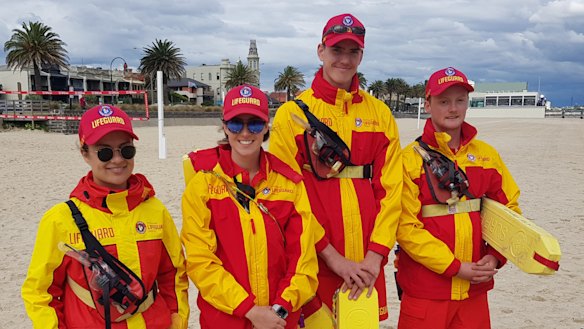 The surf lifesavers who met Harry and Meghan: Emma Horne from Ocean Grove LSC, Grace Lightfoot from Jan Juc LSC, Sebastian Top from Anglesea LSC and Andy Nott from Point Leo LSC.