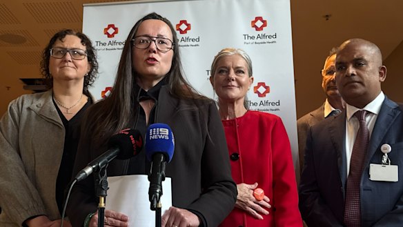 Chief of the government’s Violence Reduction Unit Andrea Davidson (left), Health Minister Harriet Shing, Violence Reduction Minister Sonya Kilkenny and the Alfred hospital’s deputy director of trauma services, Associate Professor Joseph Mathew, at the hospital on Sunday.