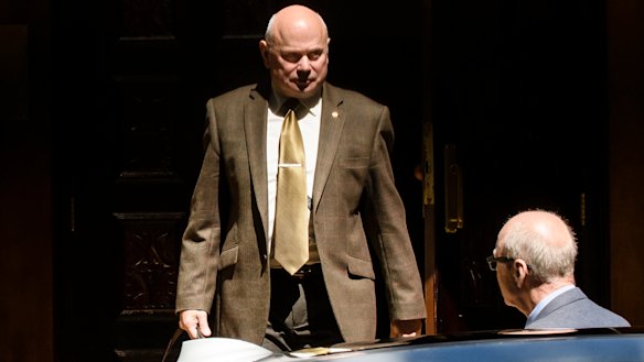 Russia's ambassador to Australia Grigory Logvinov leaving the Russian embassy on Tuesday.