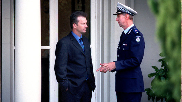 Australian captain Steve Waugh and Victoria Police Superintendent Don Grigg at Airlie Police College during a leadership skills course members of the Test team undertook in 2001.  