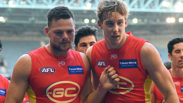 Suns duo Steven May (left) and Tom Lynch after beating Carlton.
