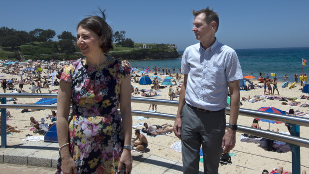 "It's a very slim margin and there's a lot of feelings out there": Coogee MP Bruce Notley-Smith with NSW Premier Gladys Berejiklian at Coogee Beach.