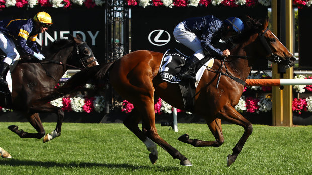 Damien Oliver takes Personal across the finish line in the Kennedy Oaks last year.