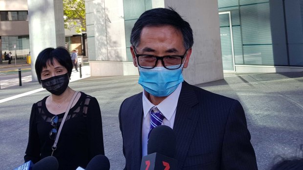Dr Hong Shi (left) and Jun Tang, friends of murdered Brisbane doctor Luping Zeng, outside court. 