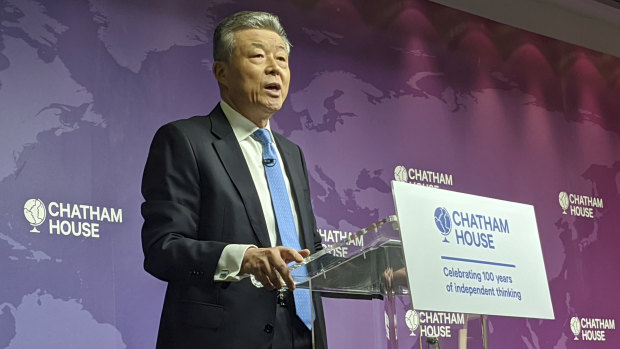 China's Ambassador to the UK Liu Xiaoming addresses Chatham House in London, March 2 2020.