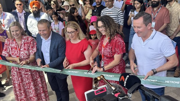 Ribbon cutting at Ellenbrook Station with WA Premier Roger Cook, Transport Minister Rita Saffioti and former premier Mark McGowan.