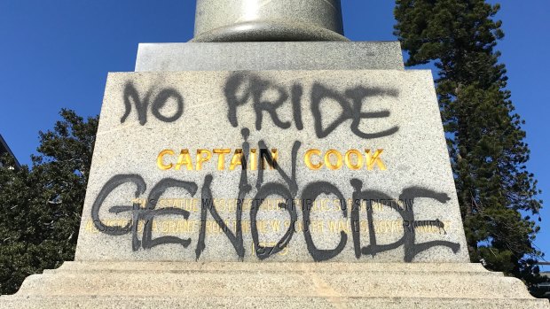 The vandalised Captain Cook statue in Hyde Park.