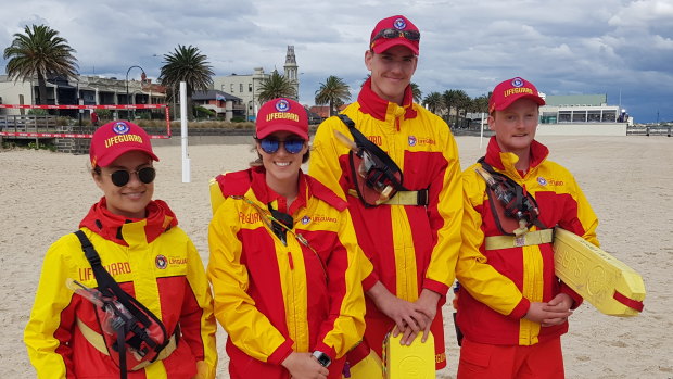 The surf lifesavers who met Harry and Meghan: Emma Horne from Ocean Grove LSC, Grace Lightfoot from Jan Juc LSC, Sebastian Top from Anglesea LSC and Andy Nott from Point Leo LSC.