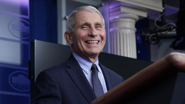Dr Anthony Fauci laughs while speaking in the James Brady Press Briefing Room at the White House on Joe Biden’s first full day in office.