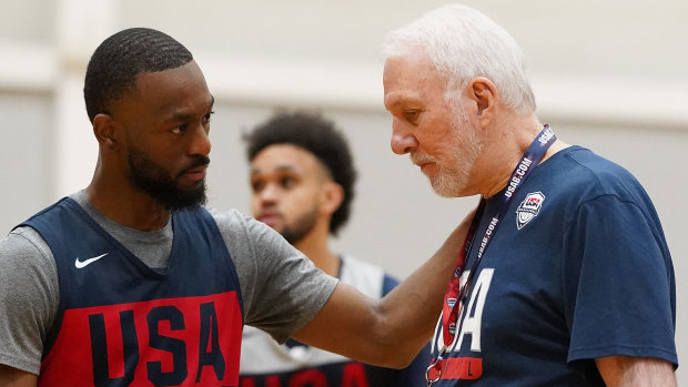 Kemba Walker talks to Team USA coach Gregg Popovich during a training session in Melbourne. 