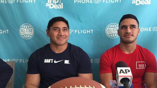 Different ball game: Jason Taumalolo and Valentine Holmes in Santa Monica, California discussing their prospects of scoring contracts in the NFL back in November 2016.