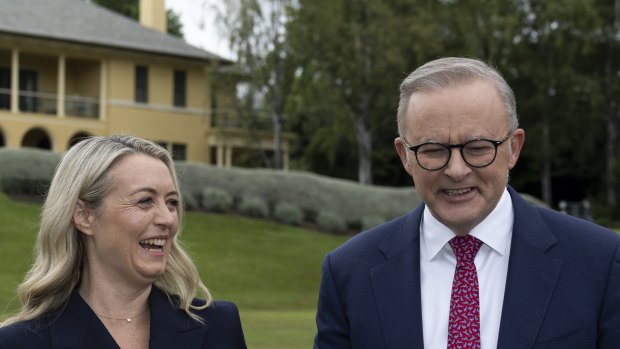 Jodie Haydon and Prime Minister Anthony Albanese at The Lodge after announcing their engagement.