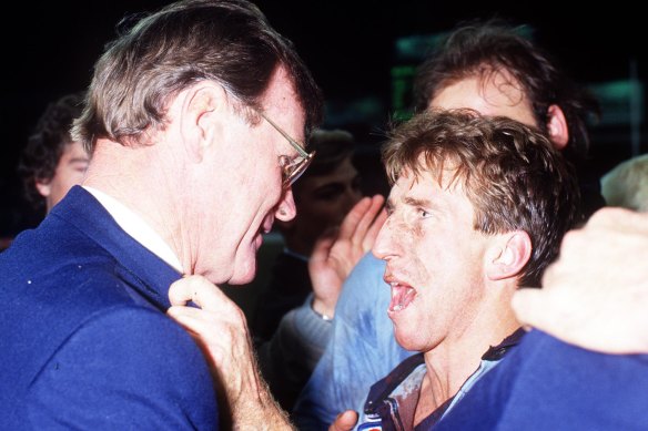 NSW coach Terry Fearnley and Steve Mortimer celebrate during the 1985 series.