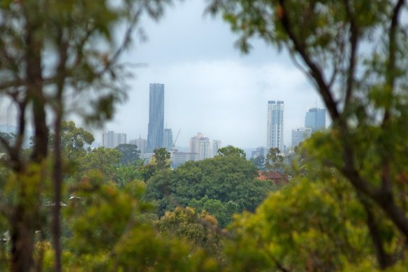 Brisbane’s CBD from the lookout on top of the Chermside Hill Reserve.