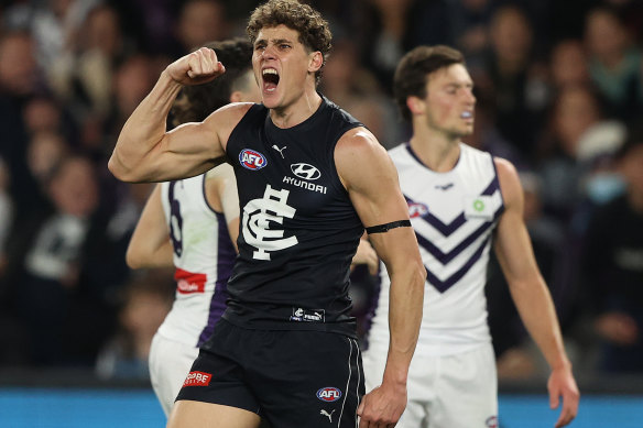 Muscle man: Charlie Curnow booted four goals in the Blues’ win over Fremantle on Saturday.