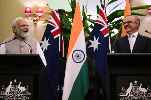 Prime Minister Anthony Albanese and Indian Prime Minister Narendra Modi at Admiralty House in Sydney.