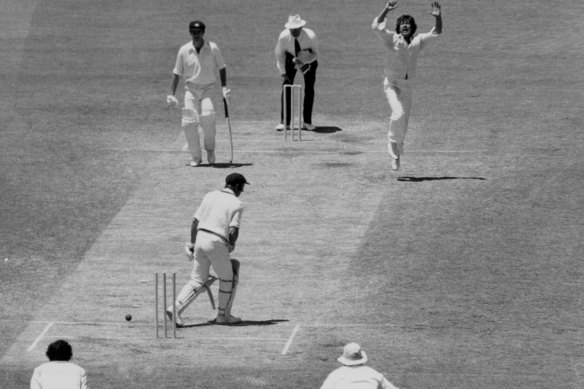 Imran Khan strikes, bowling Doug Walters, during the 1976-77 tour of Australia.