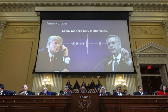 An audio recording of Donald Trump speaking to Brad Raffensperger, Georgia’s secretary of state, is played during a 2022 hearing of the Select Committee to investigate attack on the US Capitol.