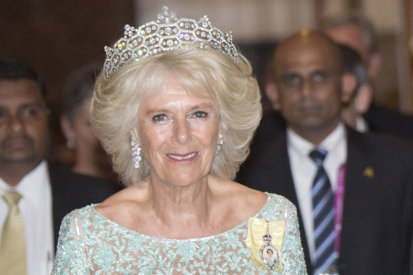 Camilla, Duchess of Cornwall wearing the Grevillle tiara on a visit to Sri Lanka.