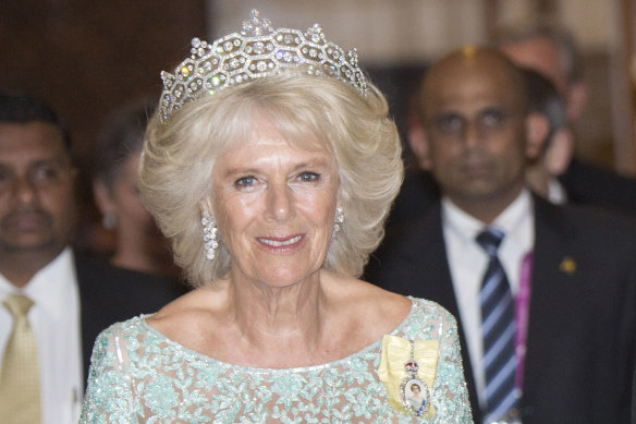 Camilla wears the Grevillle Tiara on a visit to Sri Lanka.