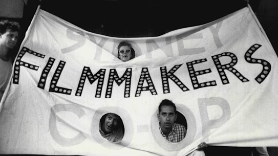 Members and staff of the Sydney Filmmakers Co-op protest about funding cuts outside the office of the Australian Film Commission in 1986.