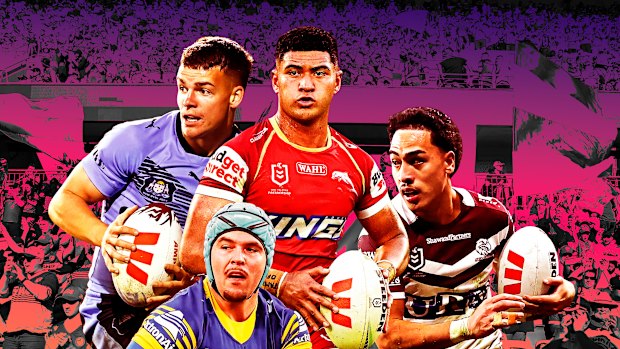 The class of 2030: Mitchell Woods, Ryley Smith, Isaiya Katoa and Lehi Hopoate all feature in Andrew Johns’ long-term vision for NSW.