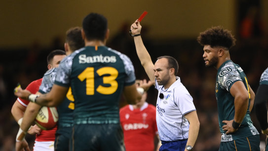 CARDIFF, WALES - NOVEMBER 20: Australia number 8 Rob Valetini is red carded by referee Mike Adamson during the Autumn Nations Series match between Wales and Australia at Principality Stadium on November 20, 2021 in Cardiff, Wales. (Photo by Stu Forster/Getty Images)