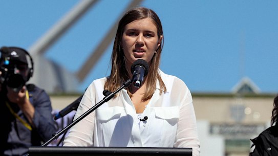 Brittany Higgins speaks at the March 4 Justice protest outside Parliament House.