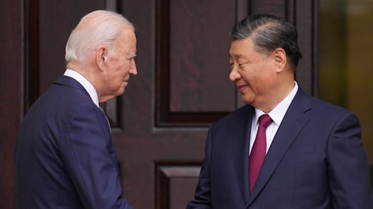 President Joe Biden greets China’s President Xi Jinping at the Filoli Estate in Woodside, California.