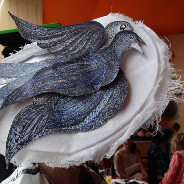 Millinery in full flight. Jackson wearing one of her creations in the birdcage at the 2010 Melbourne Cup.