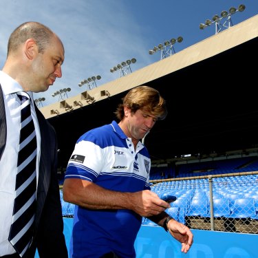 Todd Greenberg shows Des Hasler around Belmore on his first day at the club in 2012.