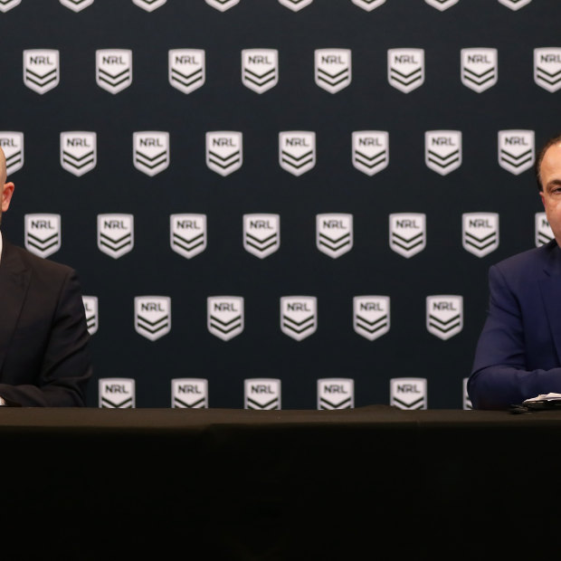 Game over: Former NRL chief executive Todd Greenberg and Peter V’landys in March, announcing that the season has been suspended.