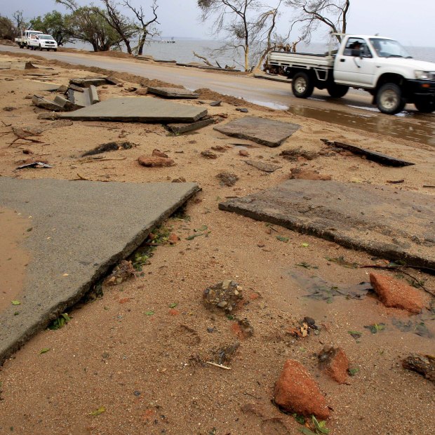 Road damage from Cyclone Yasi in Cardwell, far north Queensland, in 2011.
