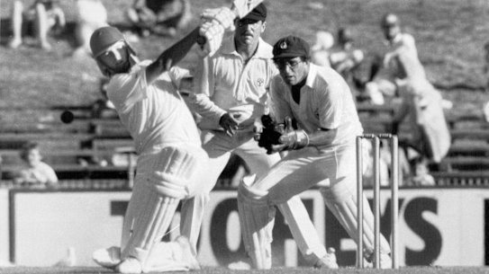 A 19-year-old Steve Waugh hits out in the Shield final against Queensland.  He made 71 in the first innings. 