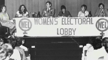 A Women’s Electoral Lobby meeting and debate at Drummoyne Civic Centre in 1982. McCarthy is third from right.