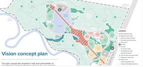 Concept plan for the Birkdale Community Precinct which includes the 2032 Games whitewater sports venue, walking trails, entertainment venues and heritage sites.