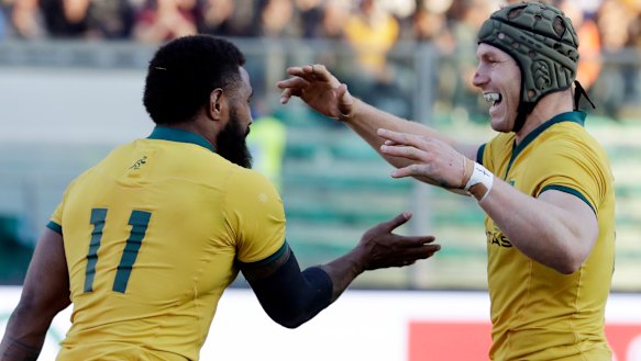 Another omission: Marika Koroibete celebrates with David Pocock after scoring against Italy.