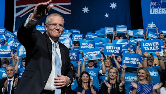 Prime Minister Scott Morrison at a rally at Sydney Olympic Park on Sunday.