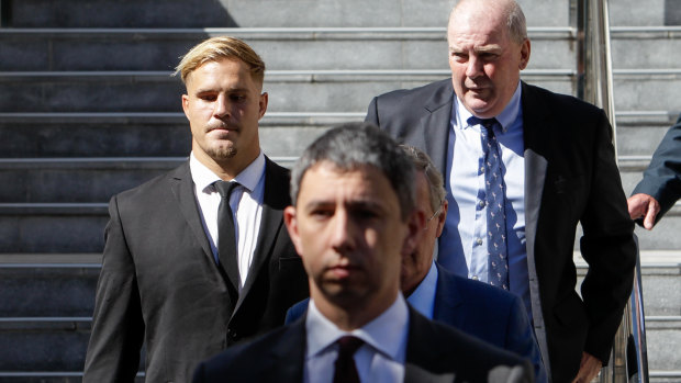 Charged: St George Illawarra player Jack de Belin leaving Wollongong Courthouse on Tuesday.